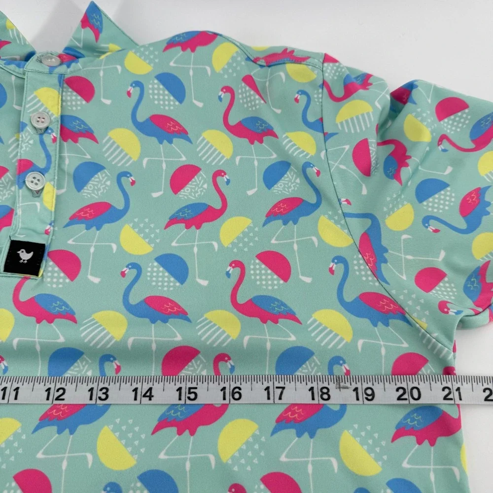 Bad Birdie Golf Polo Mens M Teal Flamingo Print Short Sleeve Performance Shirt